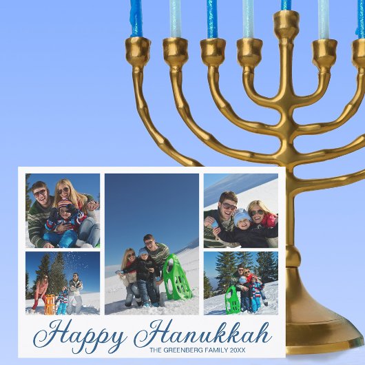 Blaue glückliche Chanukka-Familienfoto-Collage Feiertagskarte