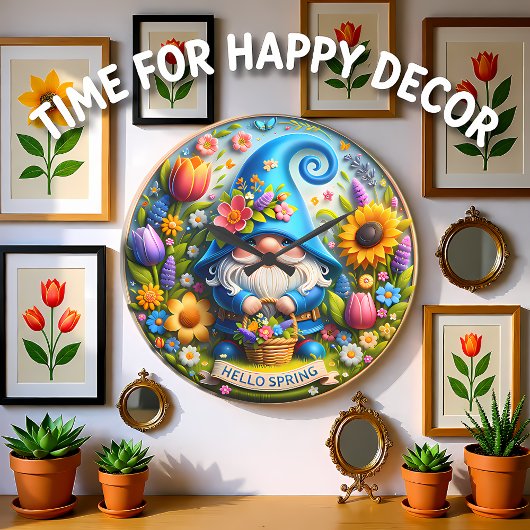 Blaue Gnome Hallo Frühling Große Wanduhr