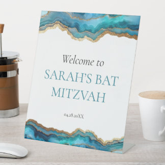 Blaue Gold-Achat-Bar- oder Bat-Mizwa-Begrüßung Sockelschild