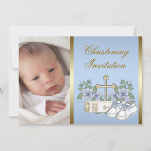 Blaue Gold Baby Jungen Foto Tauf Einladungen