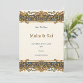 Blaue Gold Barock Save the Date Karte (Stehend Vorderseite)
