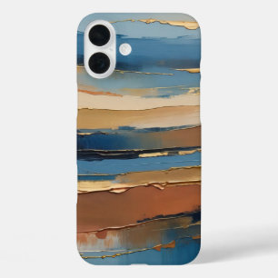 Blaue Gold-Beige- und Bronze-strukturierte Streife iPhone 16 Plus Hülle