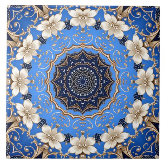 Blaue Gold Blumen Keramikfliese (Vorderseite)