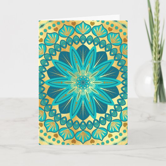 Blaue Gold-Blumen-Mandala Einladung (Vorderseite)