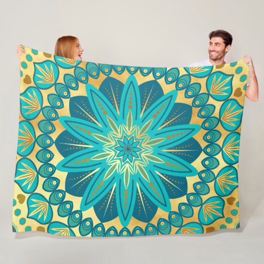 Blaue Gold-Blumen-Mandala Fleecedecke (Beispiel)
