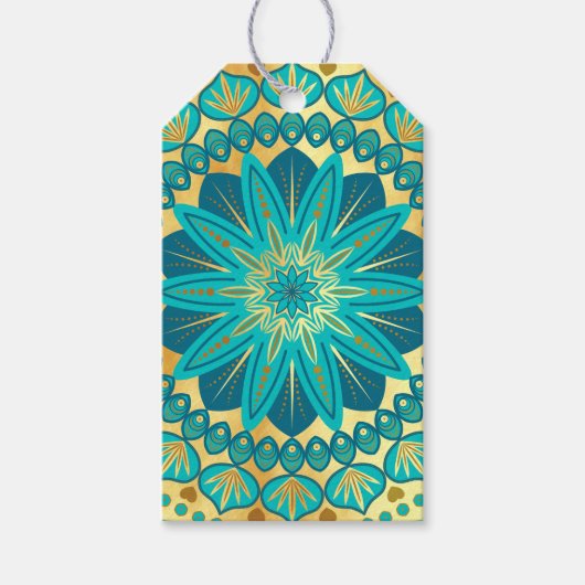 Blaue Gold-Blumen-Mandala Geschenkanhänger (Vorderseite)