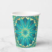 Blaue Gold-Blumen-Mandala Pappbecher (Vorderseite)