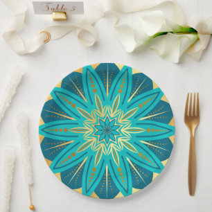 Blaue Gold-Blumen-Mandala Pappteller