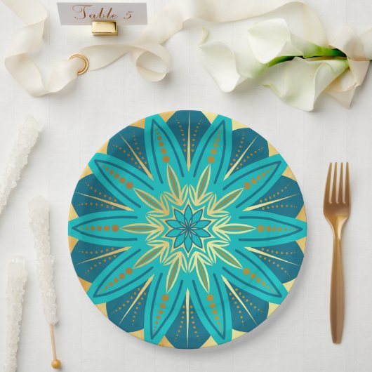 Blaue Gold-Blumen-Mandala Pappteller (Hochzeit)