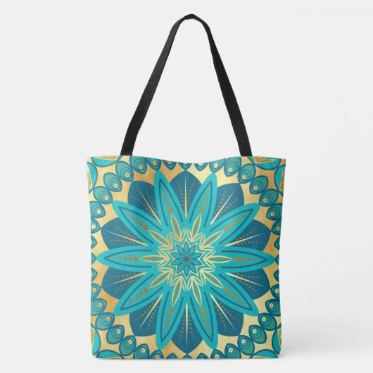 Blaue Gold-Blumen-Mandala Tasche (Rückseite)