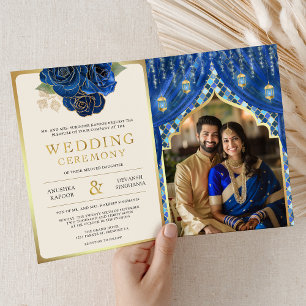 Blaue Gold Blumen Vorhang Indische Hindu Hochzeit Einladung