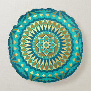 Blaue Gold-Fantasy-Mandala Rundes Kissen