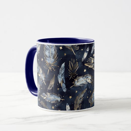 Blaue Gold Federn Sterne Tasse (Vorderseite Links)