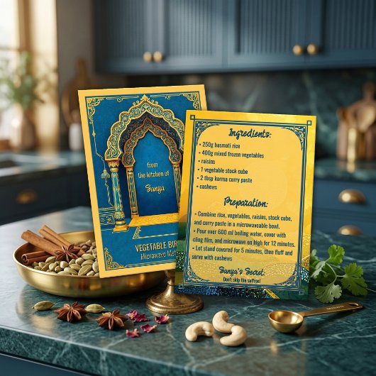 Blaue Gold Gemüse-Biryani Indische Rezeptkarte