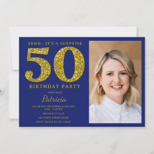 Blaue Gold Glitter 50. Überraschungs-Geburtstagsfo Einladung