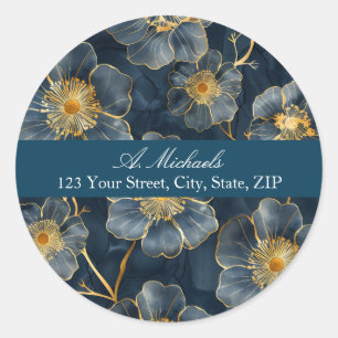 Blaue Gold Glitter Blumen Runde Adressetiketten Runder Aufkleber