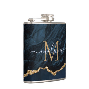 Blaue Gold Glitter Flasche Personalisierter Name B Flachmann