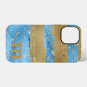 Blaue Gold Glitter Monogram Initiale iPhone Hülle (Rückseite (Horizontal))
