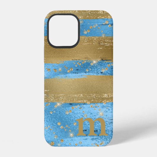 Blaue Gold Glitter Monogram Initiale iPhone Hülle (Rückseite)