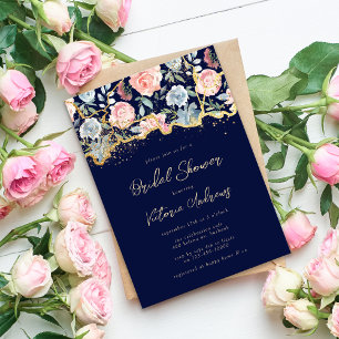 Blaue Gold Glitter Rose Florale Brautparty Einladung