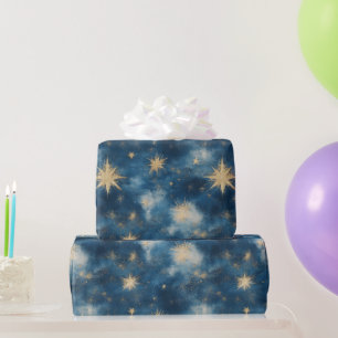 Blaue Gold Glitzernde Sterne Himmel Geburtstag Geschenkpapier