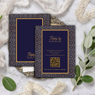 Blaue Gold Intricate Design Hochzeits-QR-Code RSVP Karte