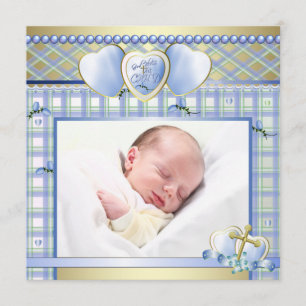 Blaue Gold Kreuz Blau Baby Junge Foto Taufe Einladung