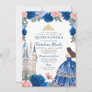 Blaue Gold Prinzessin Schloss Quinceañera Einladun Einladung
