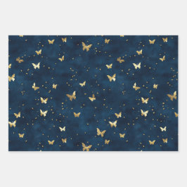 Blaue Gold Schmetterlinge Blumen Brautparty Geschenkpapier Set