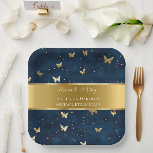 Blaue Gold Schmetterlinge Hochzeit Pappteller (Hochzeit)