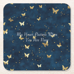 Blaue Gold Schmetterlinge Hochzeit Rechteckiger Pappuntersetzer