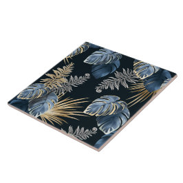 Blaue Gold-Tropen-Palmblatt-Muster-Kunst Fliese