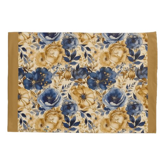 Blaue Gold- und Tan-Floral-Standardpillowcase Kissenbezug (Rückseite)