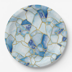 Blaue Gold-Wasserfarbe-Seeglas-Mosaikmuster Pappteller
