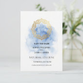 Blaue Gold-Wasserfarben-Hochzeit Save The Date (Stehend Vorderseite)