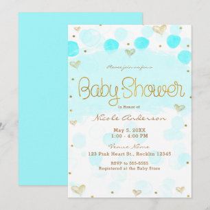 Blaue Gold Weiße Tupfen und Herzen Babyparty Einladung