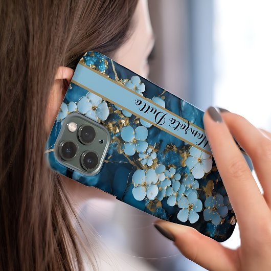 Blaue Goldadern Achat Monogramm iPhone Hülle