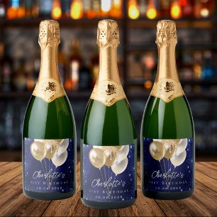 Blaue Goldballons des Glitzer Schaumweinetikett