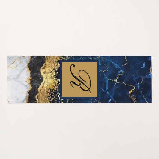 Blaue Goldbarren-Agate-Monogramm aus weißem Marmor Yogamatte (Rückseite (Horizontal))