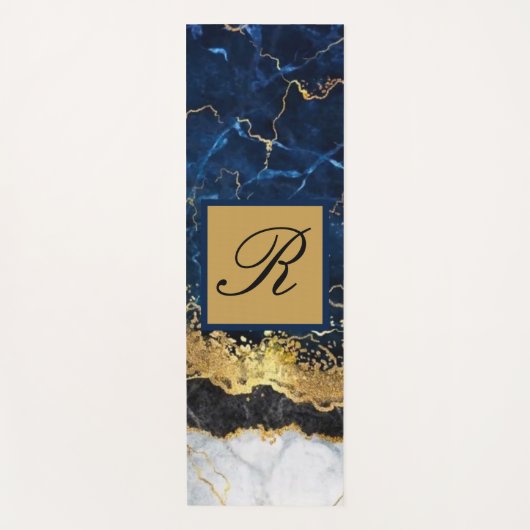 Blaue Goldbarren-Agate-Monogramm aus weißem Marmor Yogamatte (Vorderseite)