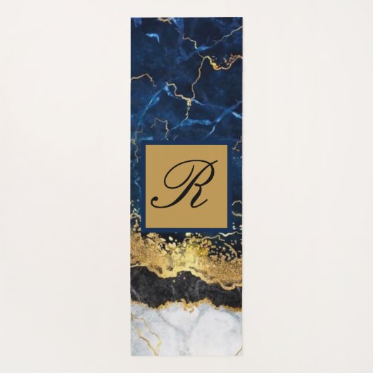 Blaue Goldbarren-Agate-Monogramm aus weißem Marmor Yogamatte (Rückseite)