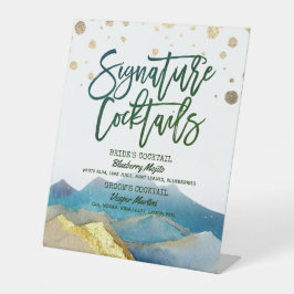 Blaue goldene Berge Hochzeit Signature Drink Menü Sockelschild