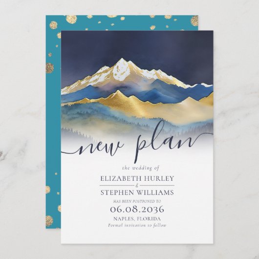 Blaue goldene Berge Hochzeit verschoben Save The Date (Vorne/Hinten)