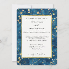 Blaue Goldene Blumen Hochzeit Einladung
