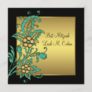 Blaue Goldene Blumen Schwarze Goldene Bat Mitzwa Einladung