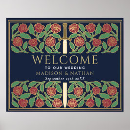 Blaue Goldene Blumen-Schwert Königliche Hochzeits- Poster