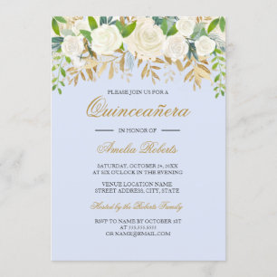Blaue Goldene Blumige Blatt-Wasserfarbe Quinceaner Einladung