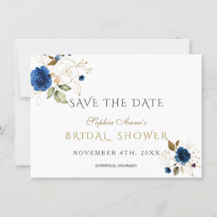 Blaue Goldene Blumige Hochzeitsshower-Einladung zu Save The Date