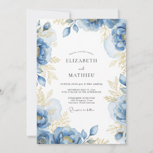 Blaue Goldene Blütenromanze Hochzeit Einladung