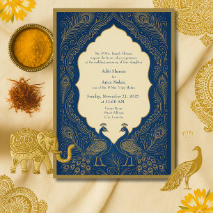 blaue goldene elegante Pfauen-Hochzeit Hindu Einladung